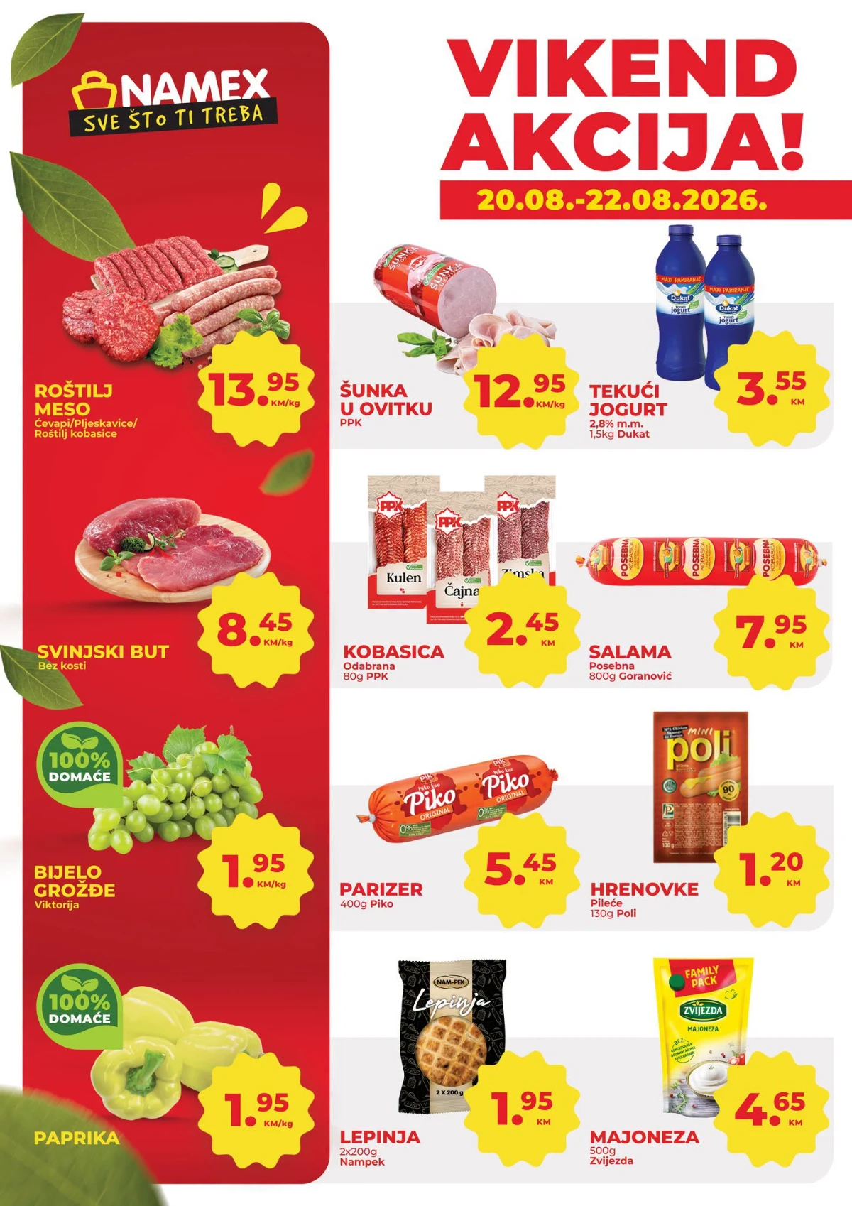 Namex vikend akcija od 20.08. do 22.08.2026. – roštilj meso, svinjski but, bijelo grožđe, paprika, jogurt, suhomesnati proizvodi i druge vikend ponude.