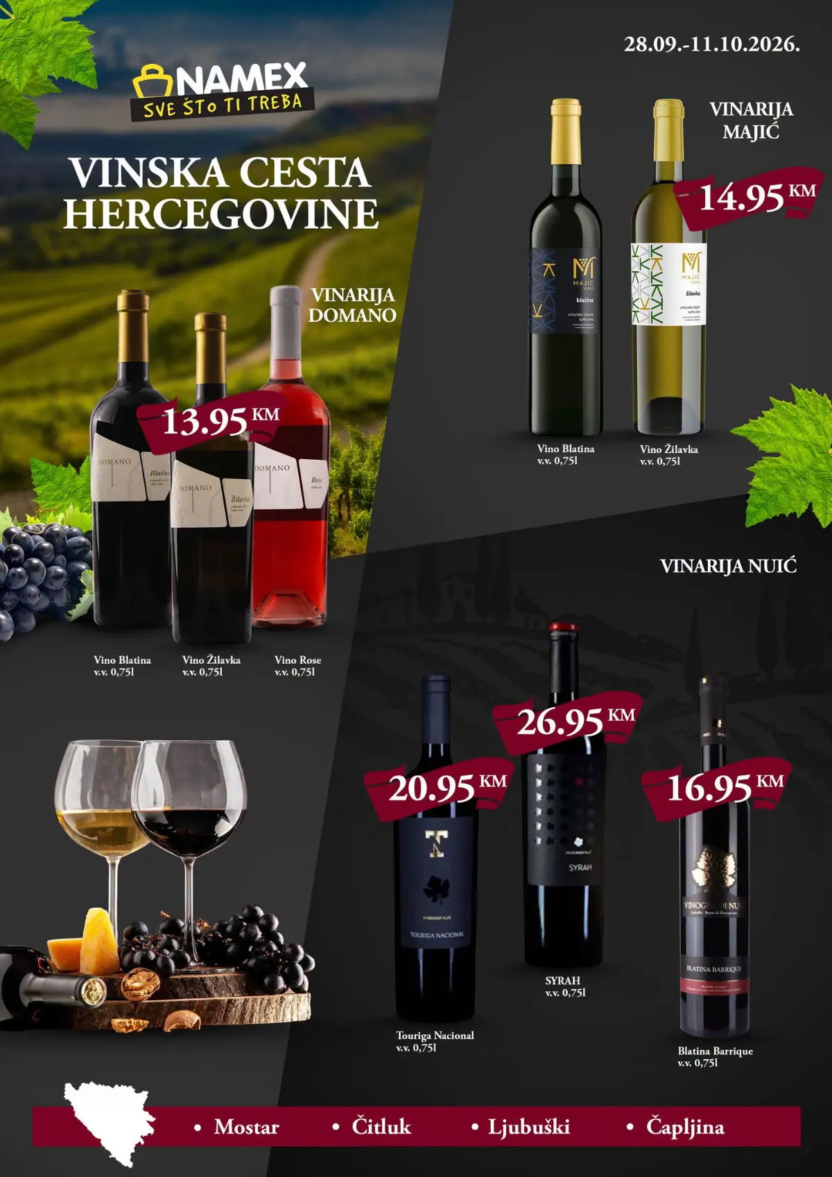 Namex Vinska cesta Hercegovine od 28.09. do 11.10.2026. – vina Domano, Majić i Nuić po akcijskim cijenama