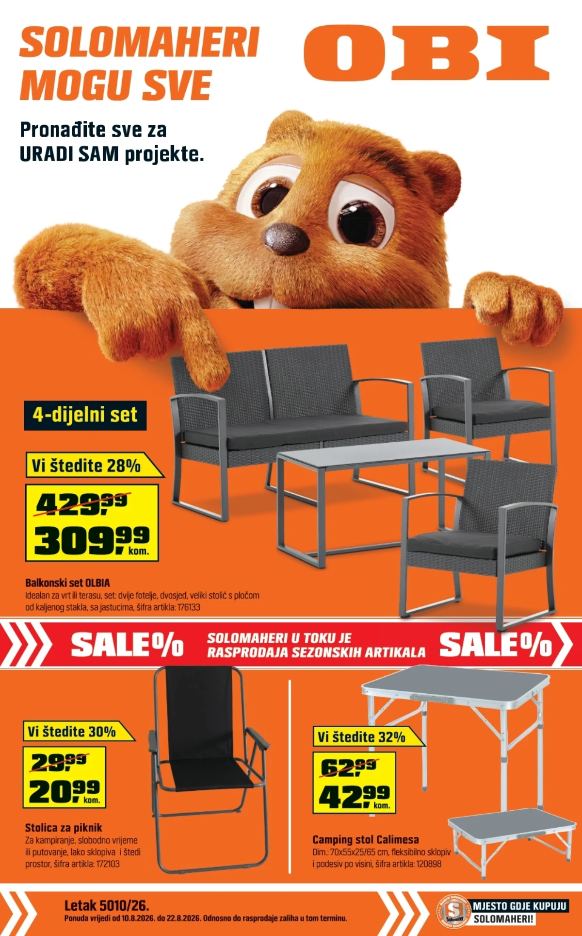 OBI katalog od 10.08. do 22.08.2026. – rasprodaja vrtnog namještaja, alata, opreme za dom i drugih proizvoda uz popuste do 57%
