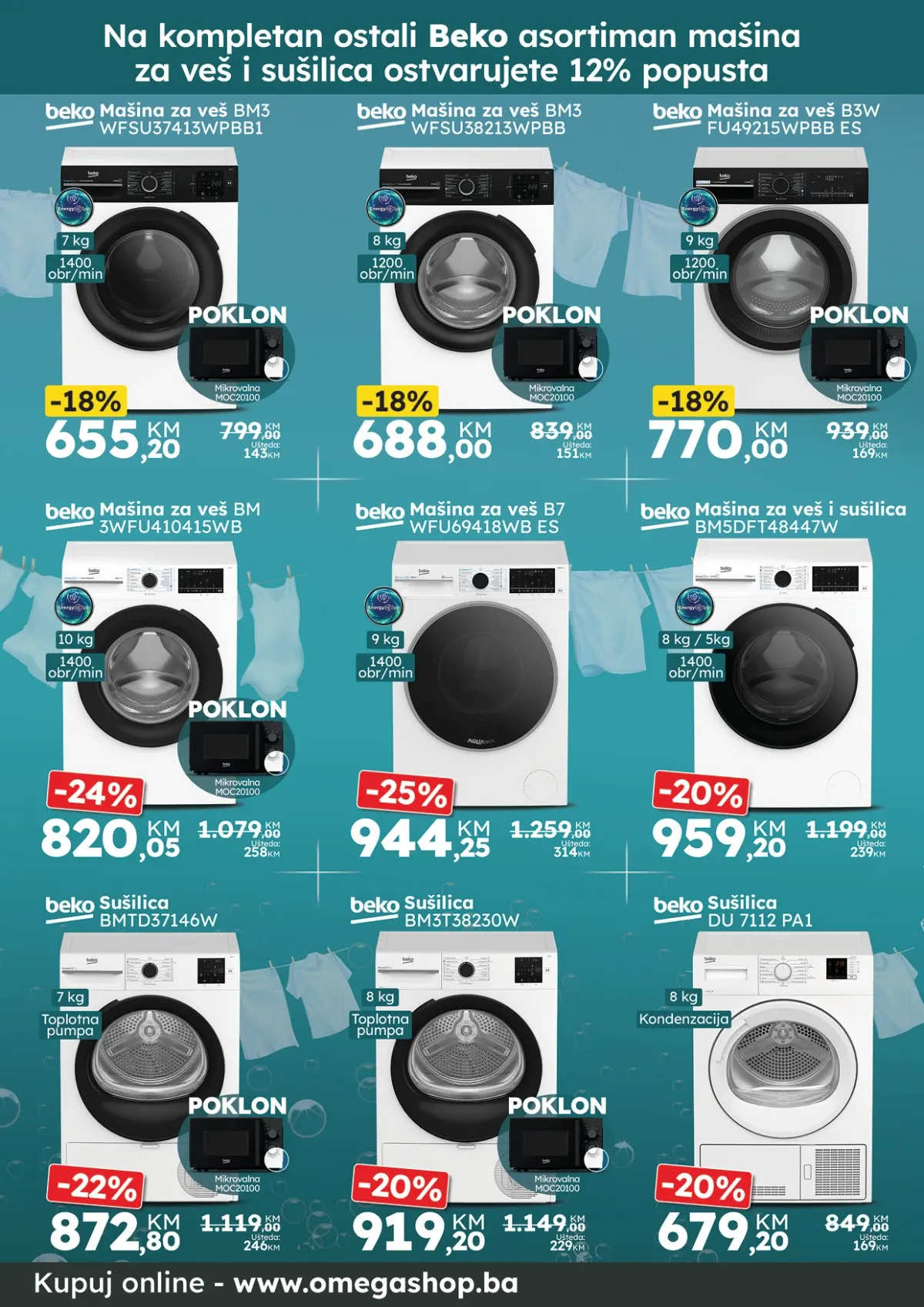 Omega Shop akcija – Beko mašine za veš i sušilice uz popuste i poklon mikrovalne