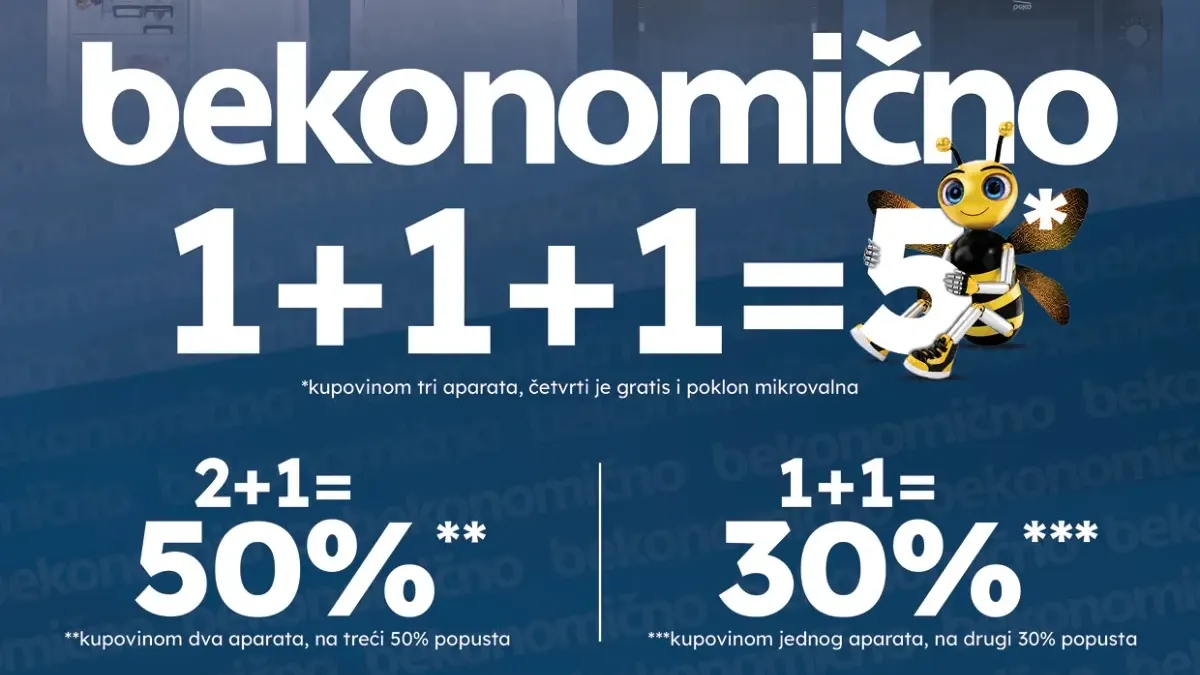 Omega Shop Beko akcija do 15.09.2026. – kupi 3 uređaja, dobij 5 uz bekonomično 1+1+1=5, uz 50% popusta na treći ili 30% na drugi uređaj