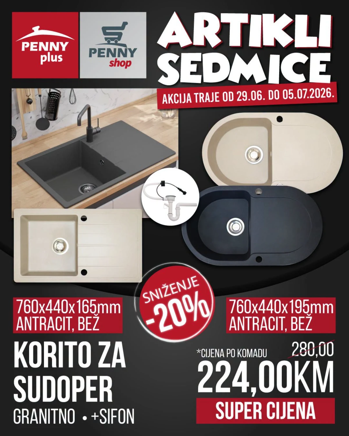 Penny Plus granitna korita za sudoper na akciji