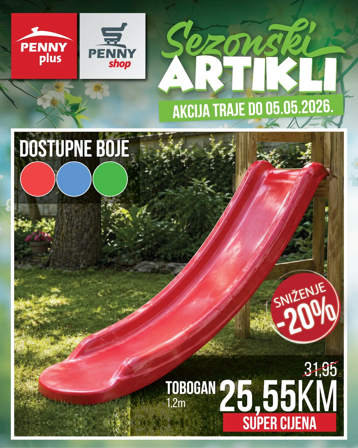 Penny Plus tobogan 1,2 m dostupan u više boja snižen na 25,55 KM do 05.05.2026