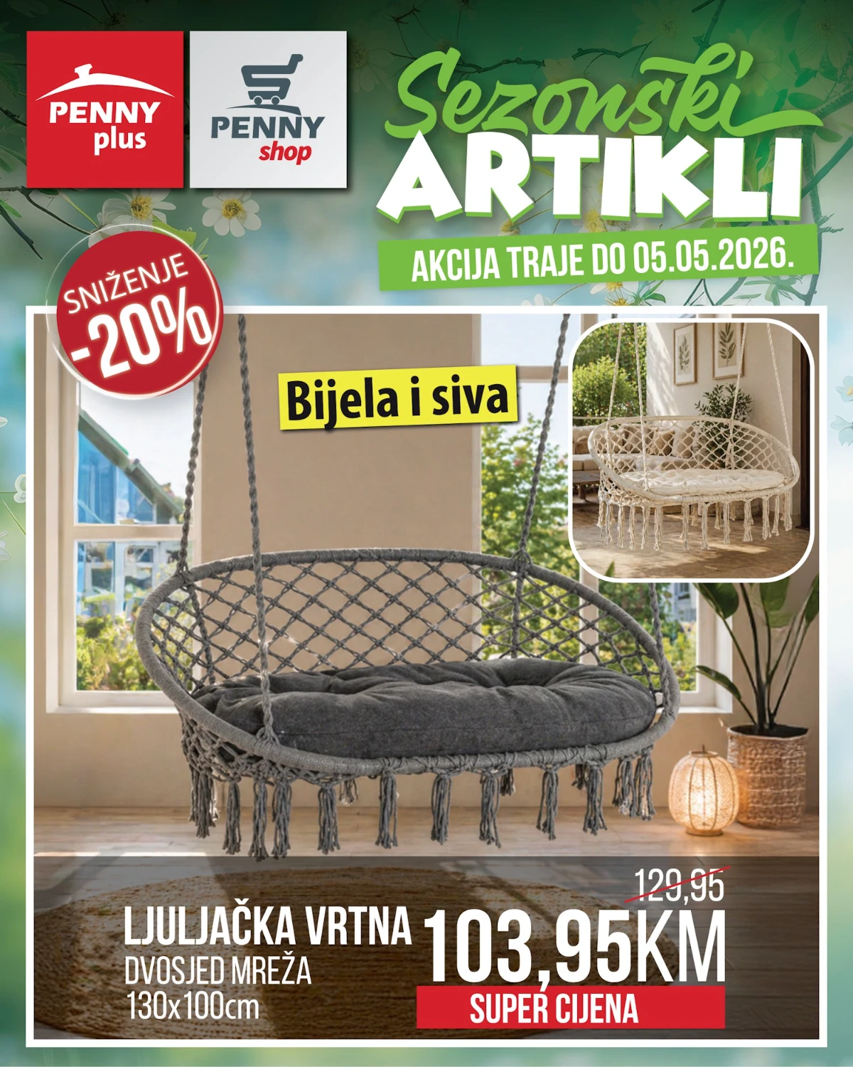 Penny Plus ljuljačka vrtna dvosjed mreža 130x100 cm snižena na 103,95 KM do 05.05.2026