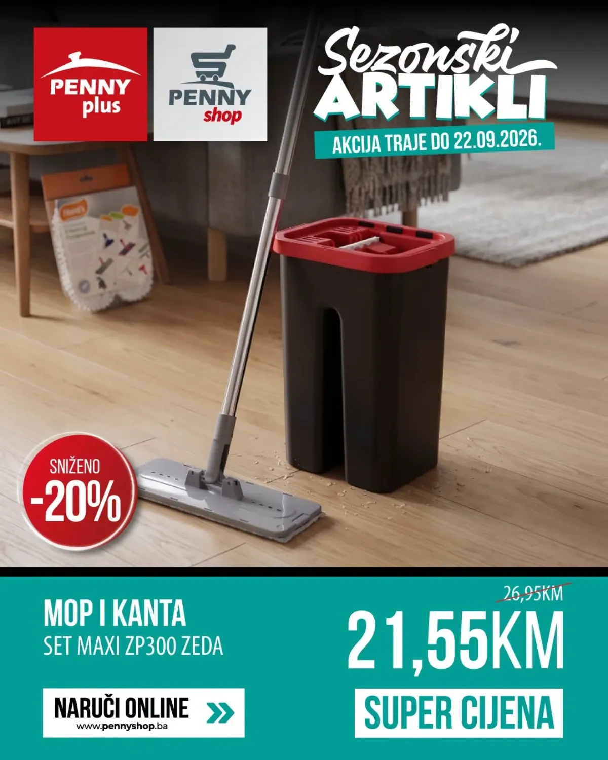 Penny Plus akcija do 22.09.2026. – mop i kanta za čišćenje set NP 188 ZEDA snižen na 15,15 KM