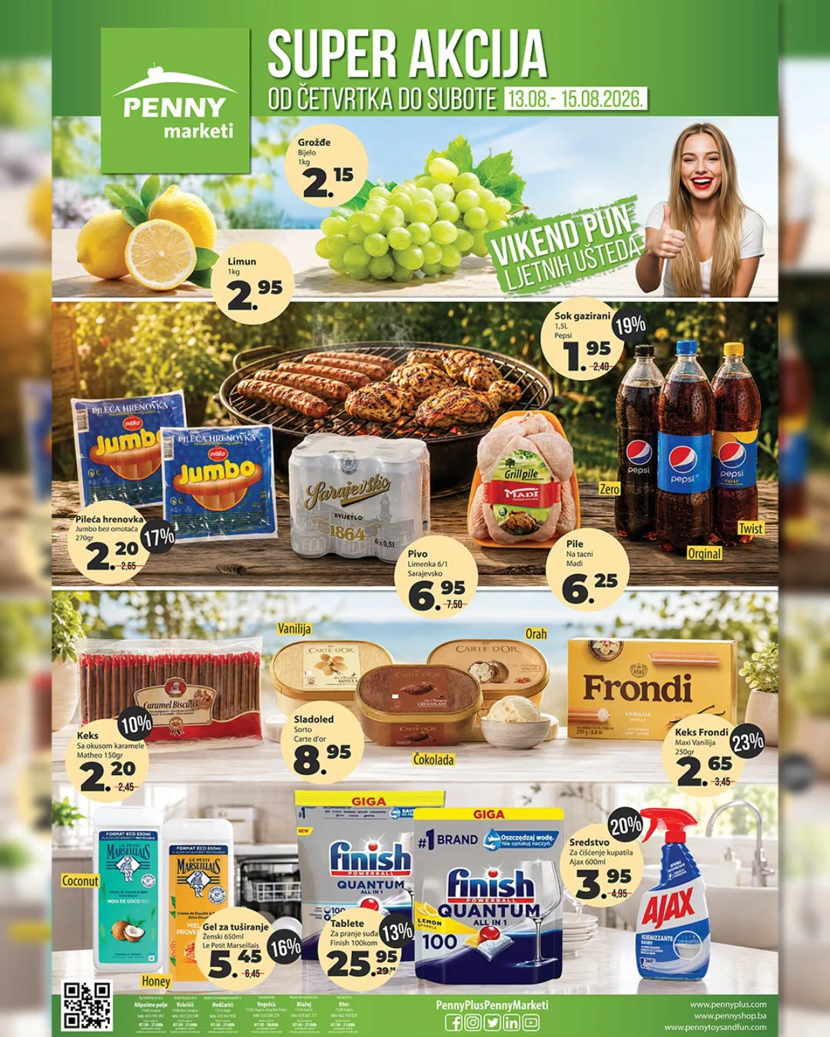 PENNY Super akcija od 13.08. do 15.08.2026. donosi akcijske cijene grožđa, limuna, pilećih hrenovki, piletine, Pepsi napitaka, Sarajevskog piva, sladoleda, keksa i proizvoda za domaćinstvo.