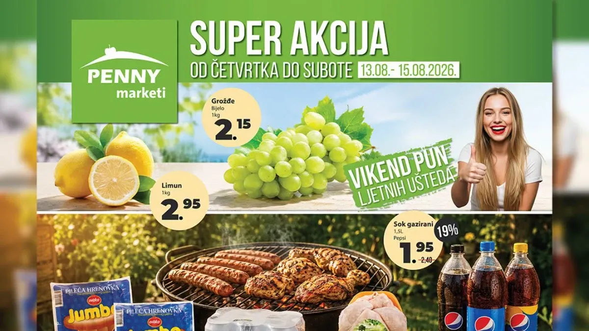PENNY Super akcija od 13.08. do 15.08.2026. donosi akcijske cijene grožđa, limuna, pileće hrenovke, piletine, Pepsi napitaka, piva, sladoleda, keksa i proizvoda za domaćinstvo.