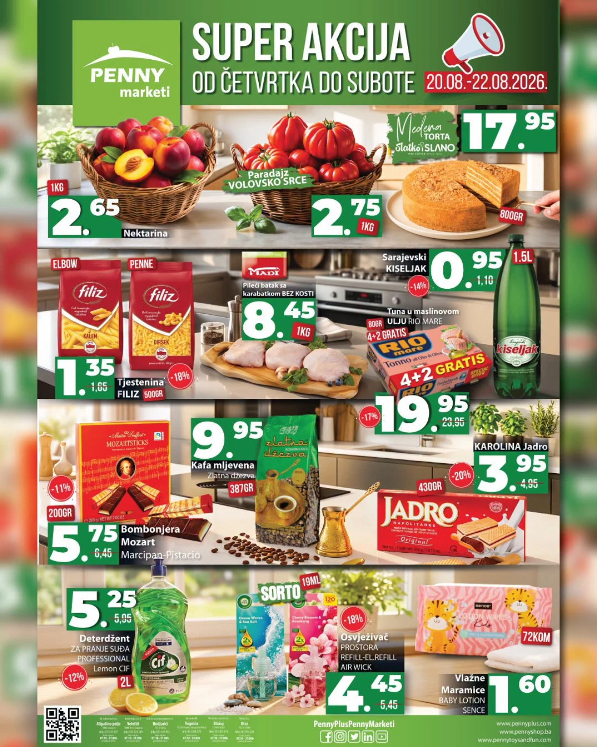 PENNY Super akcija od 20.08. do 22.08.2026. donosi nektarine, paradajz, tortu, tjesteninu, pileći batak, kafu, tunu, slatkiše i proizvode za domaćinstvo po akcijskim cijenama.