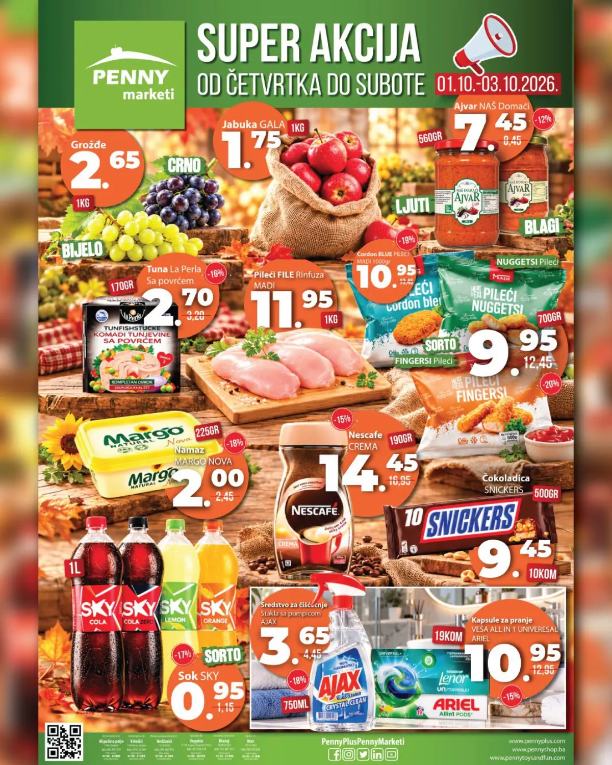 Penny Super akcija od 01.10. do 03.10.2026. – grožđe, Gala jabuke, ajvar, pileći file, tuna, Margo, Nescafe, Sky sokovi, Ajax i Ariel po akcijskim cijenama