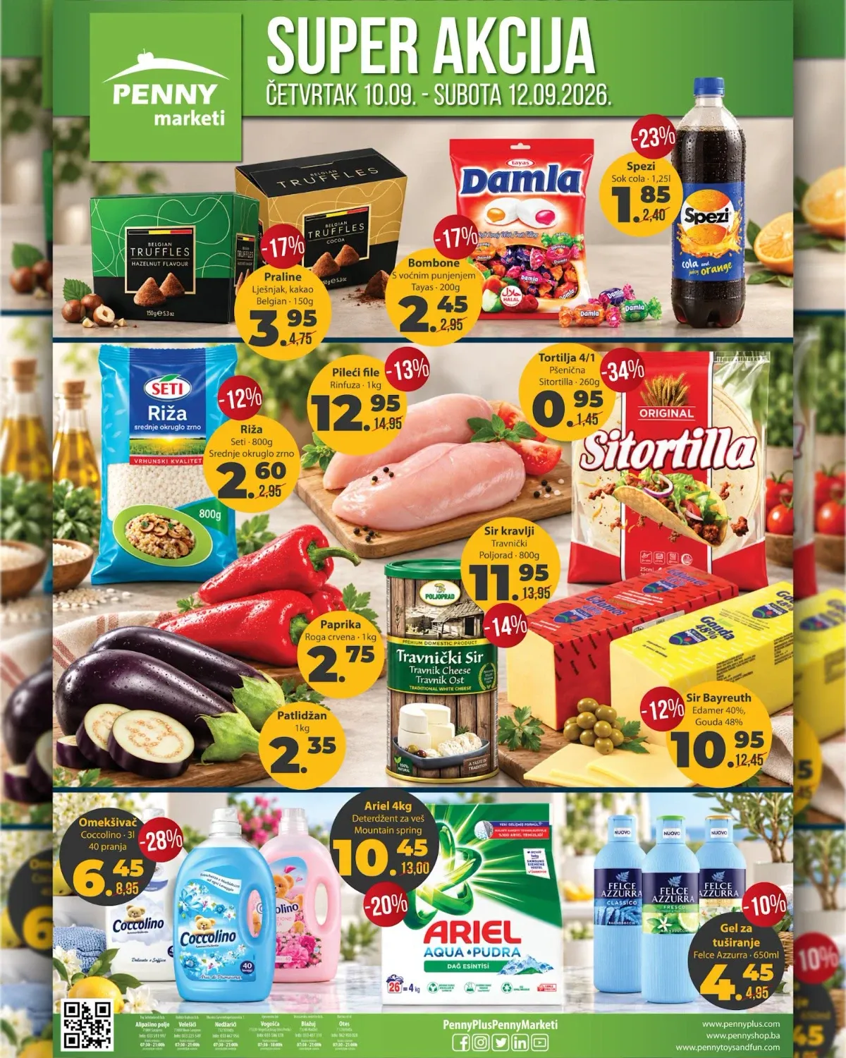 PENNY Super akcija od 10.09. do 12.09.2026. donosi piletinu, sireve, rižu, povrće, slatkiše, piće i deterdžente uz sniženja do 34%