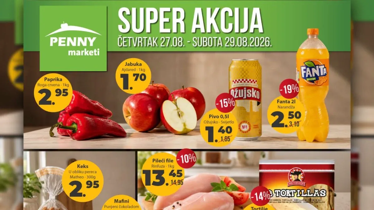 PENNY Super akcija od 27.08. do 29.08.2026. donosi sniženja na voće, povrće, pileći file, piće, slatkiše, deterdžente i proizvode za domaćinstvo.