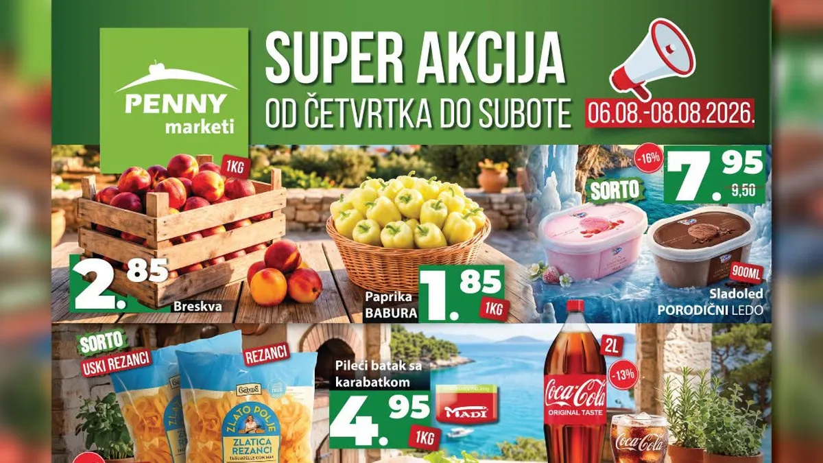 PENNY Super akcija do 08.08.2026. donosi snižene cijene breskvi, paprika, sladoleda, pilećih bataka, Coca-Cole, tjestenine, kafe, Violeta deterdženta i drugih proizvoda.