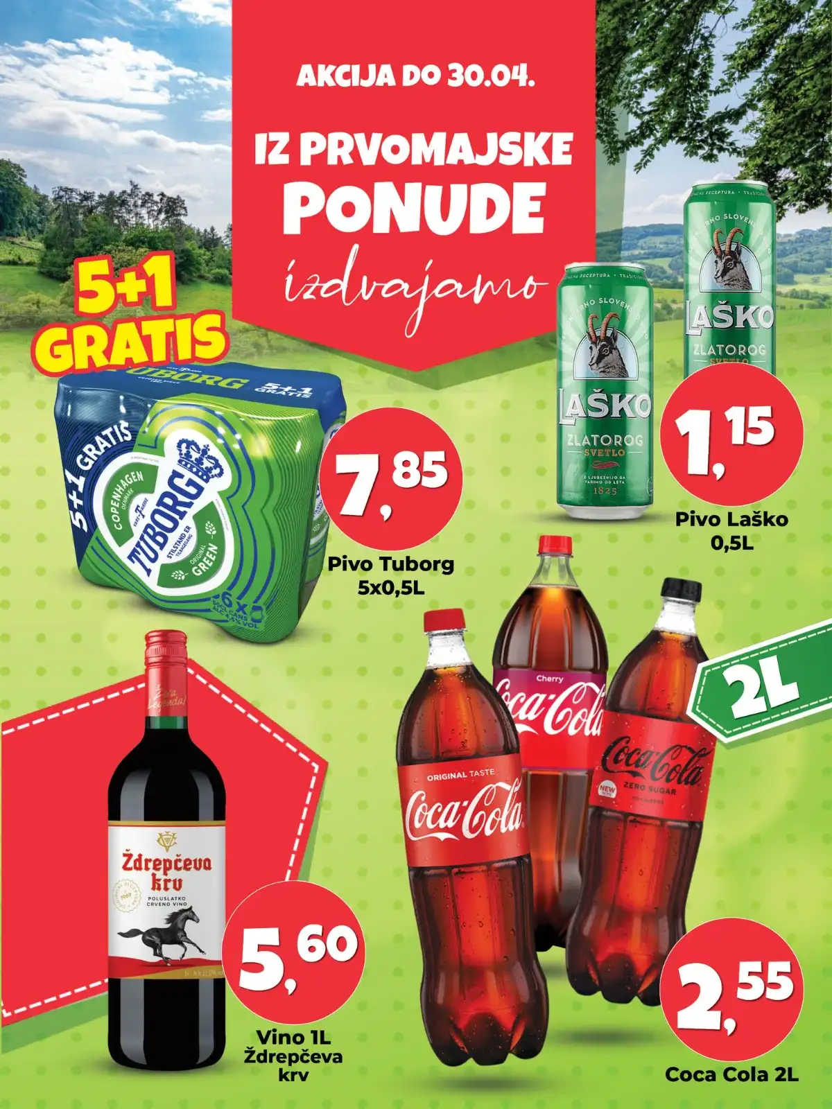 Robot akcija do 45 posto Tuborg 5+1 gratis Coca Cola 2L Laško pivo vino Ždrepčeva krv sniženja do 30.04.2026