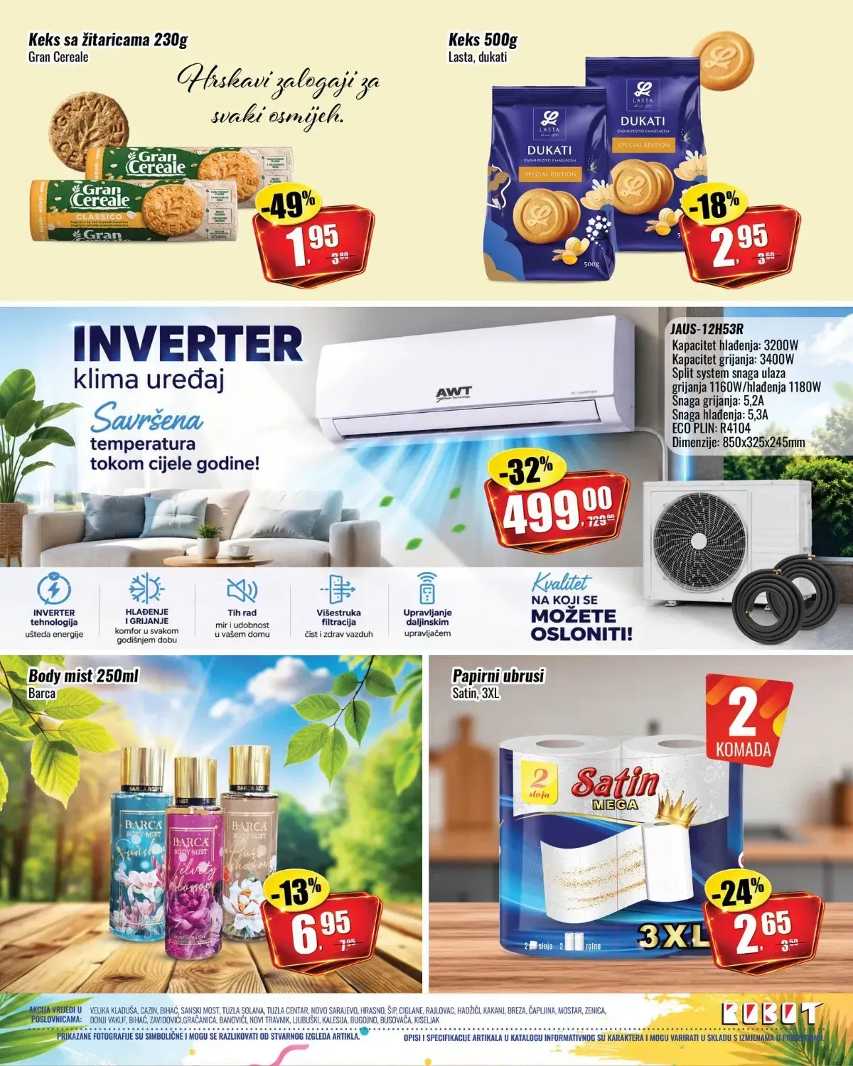 Robot akcija do 05.08.2026. – Gran Cereale i Dukati keksi, inverter klima uređaj, Barca body mist i Satin papirni ubrusi