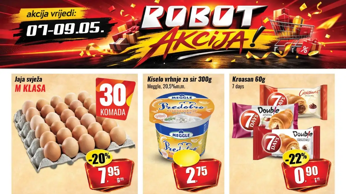 Robot akcija maj 2026 pileća prsa jaja krompir banana kroasan i prehrambena sniženja