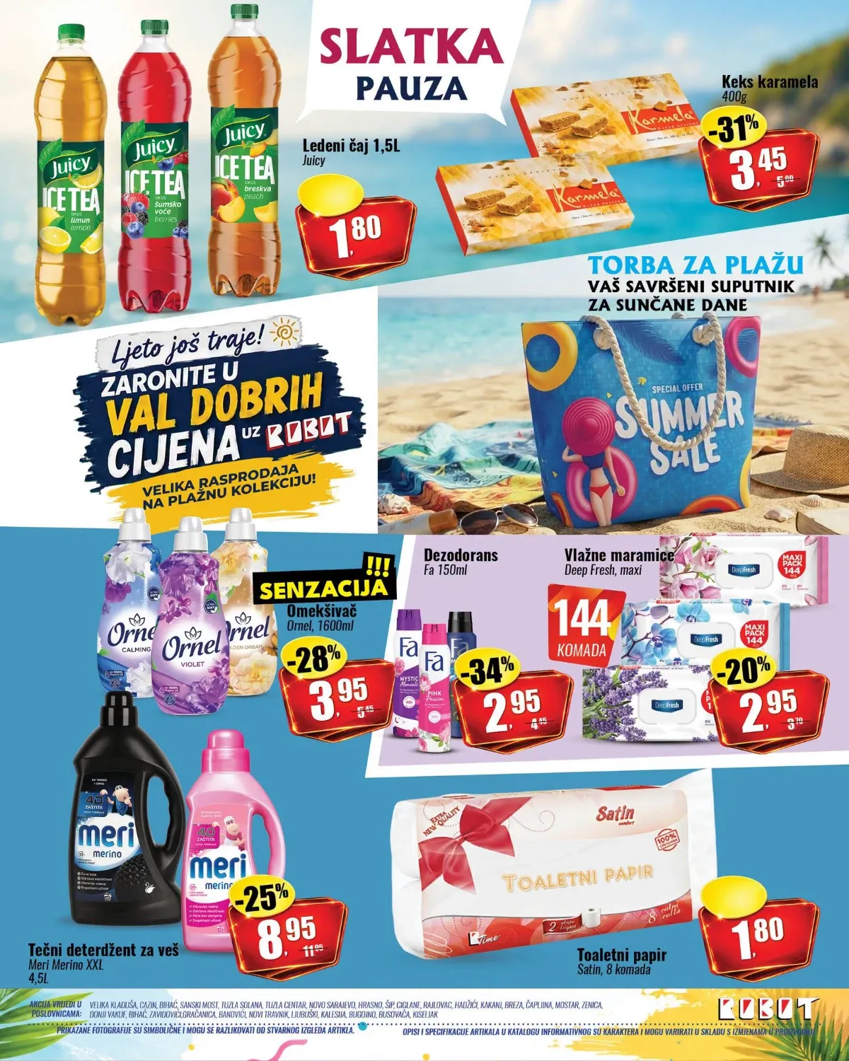 Robot akcija do 12.08.2026. – Juicy ledeni čaj, keks Karamela, Ornel, Fa dezodoransi, Meri Merino deterdžent i toaletni papir po akcijskim cijenama