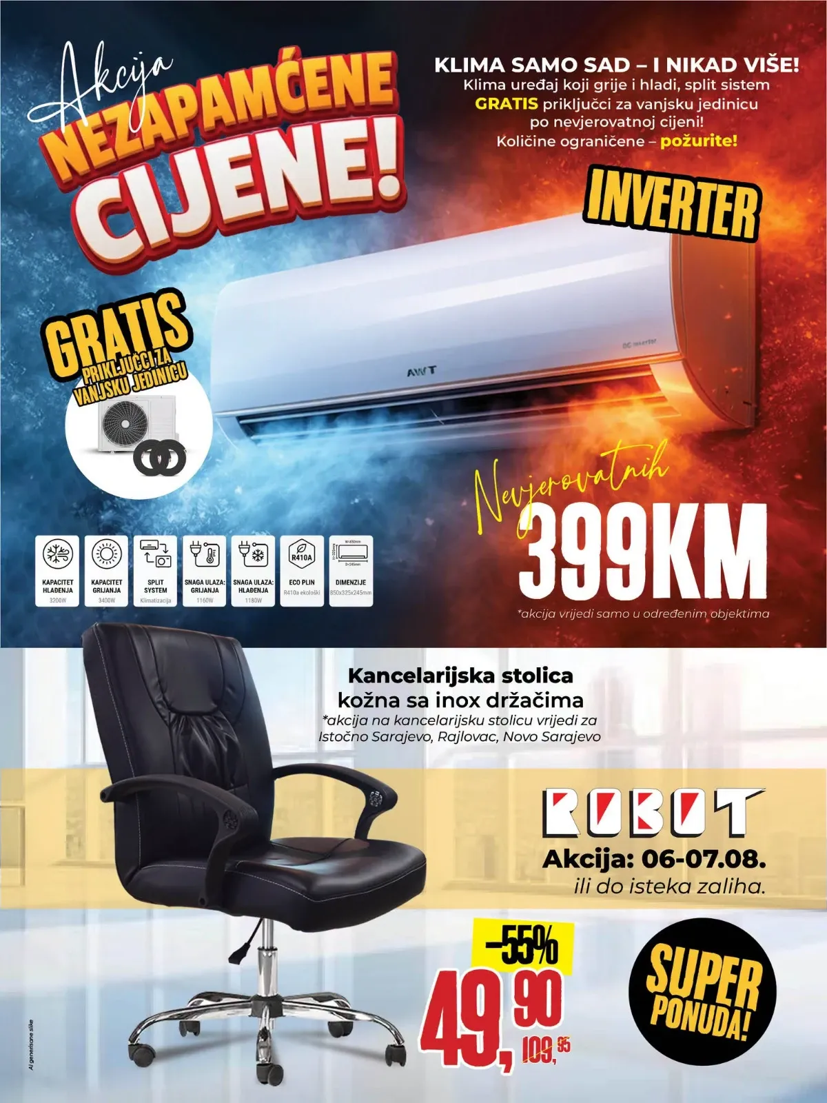Robot SUPER ponuda 06. i 07.08.2026. – inverter klima sa GRATIS priključcima za vanjsku jedinicu za 399 KM i kancelarijska stolica snižena na 49,90 KM