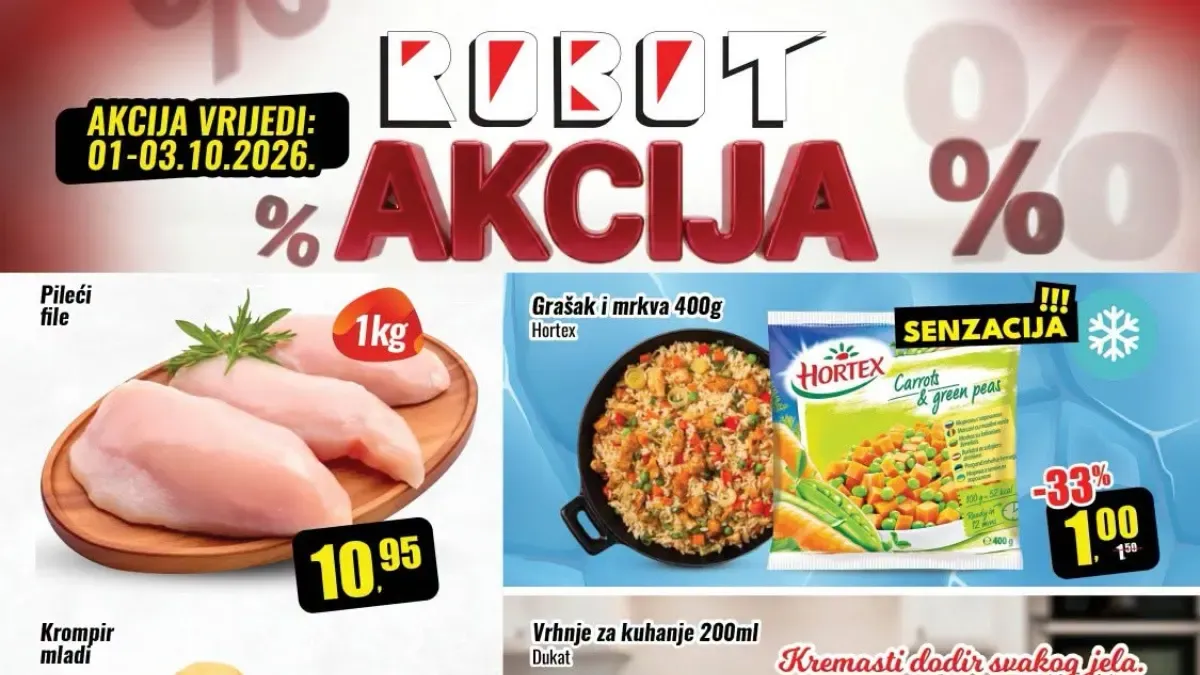 Robot akcija 01–03.10.2026. – pileći file, krompir, kupus, Hortex povrće, Dukat vrhnje i Violeta toaletni papir na sniženju