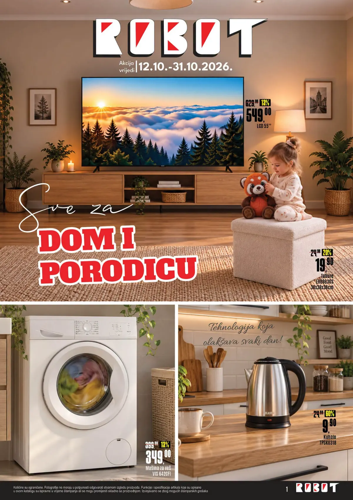 ROBOT katalog od 12. do 31.10.2026. – kuhalo 9,90 KM, mašina za veš 349 KM, televizor od 55 inča 549 KM i tabure 19,90 KM