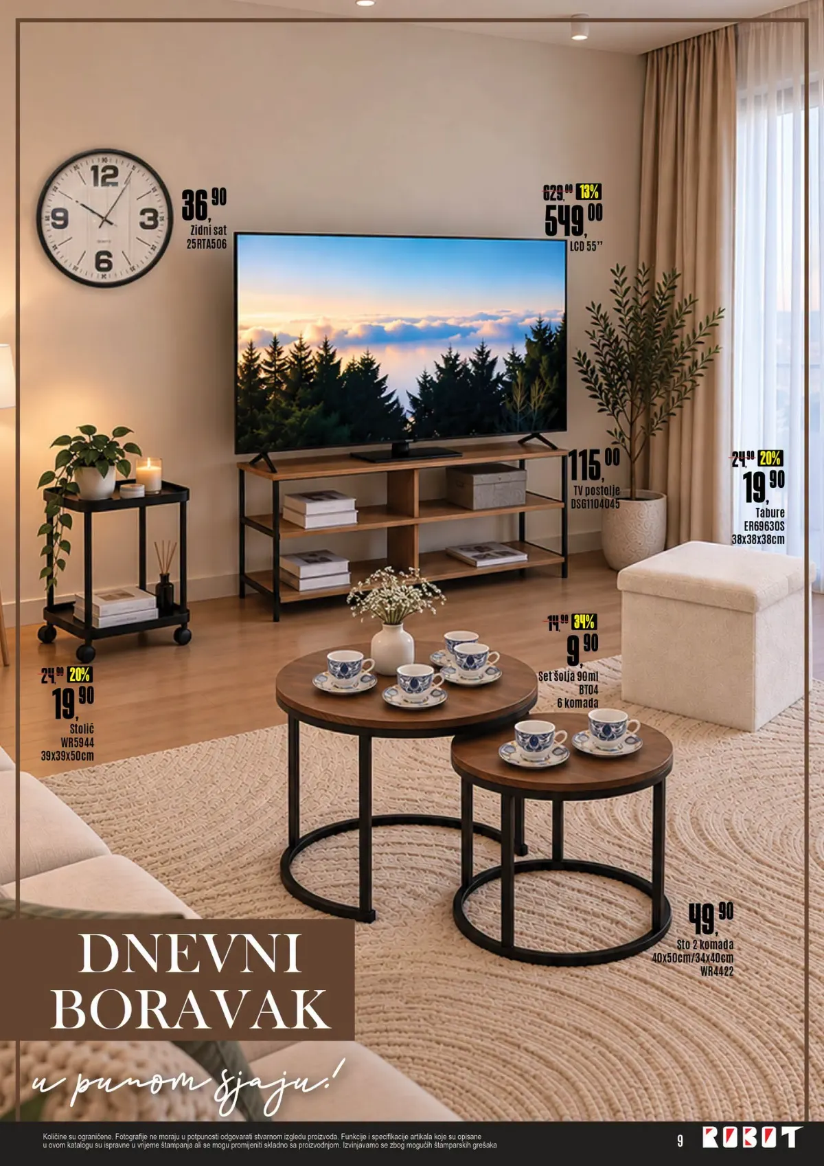 ROBOT katalog, stranica 9 – televizor, TV postolje, tabure, stolići, zidni sat i set šolja