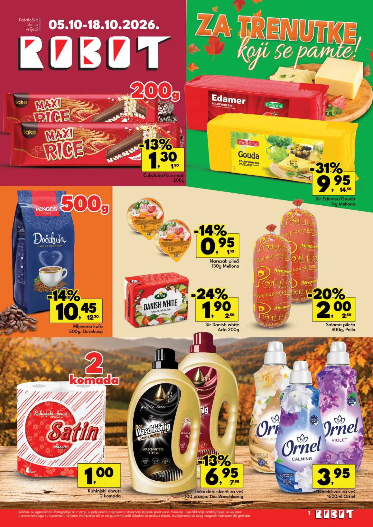 Robot katalog 05–18.10.2026. – Maxi Rice riža, Edamer i Gouda sir, kafa, Poli salama, Satin ubrusi, Waschkonig deterdžent i Ornel na akciji