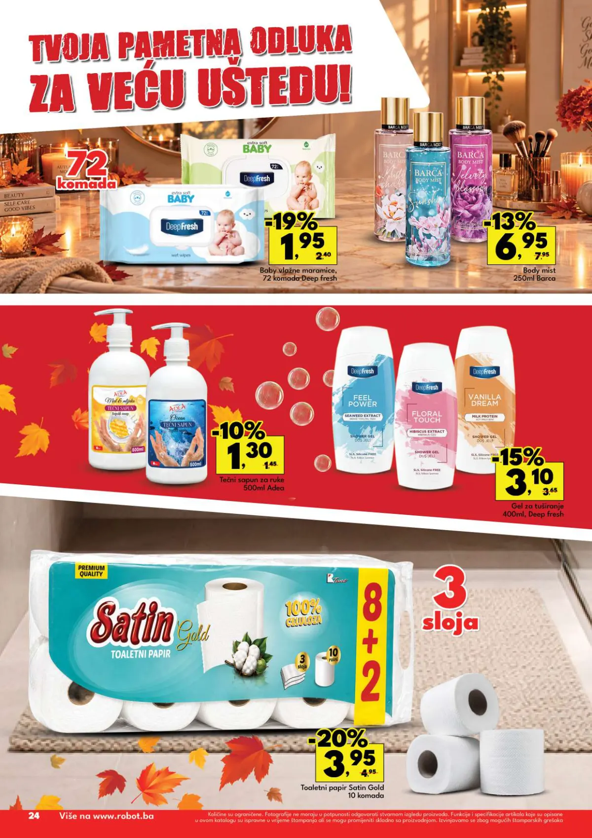 Robot katalog 05–18.10.2026. strana 4 – vlažne maramice, gelovi za tuširanje, body mist i toaletni papir