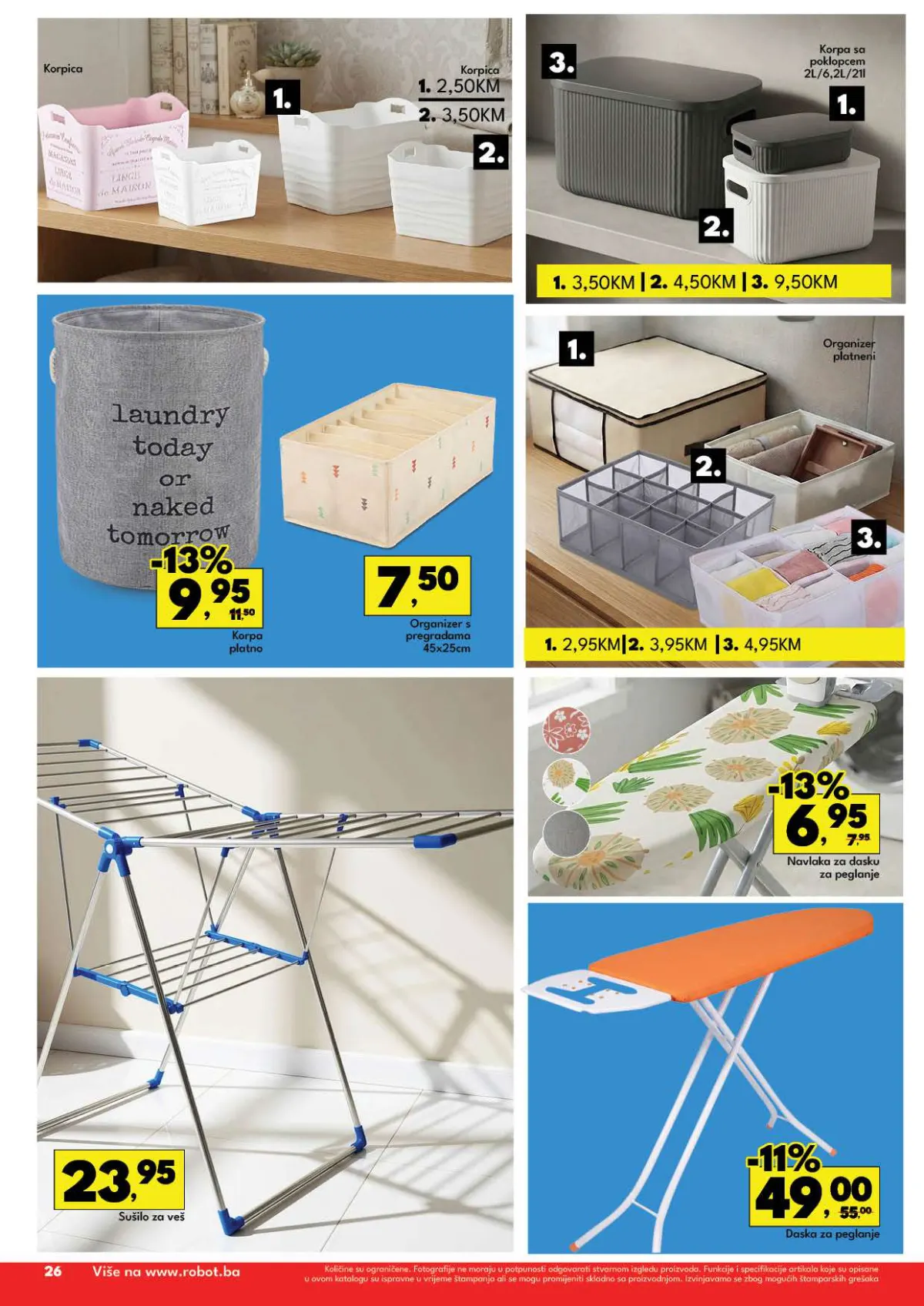 Robot katalog 05–18.10.2026. strana 26 – korpe, organizatori, sušilo za veš i daska za peglanje