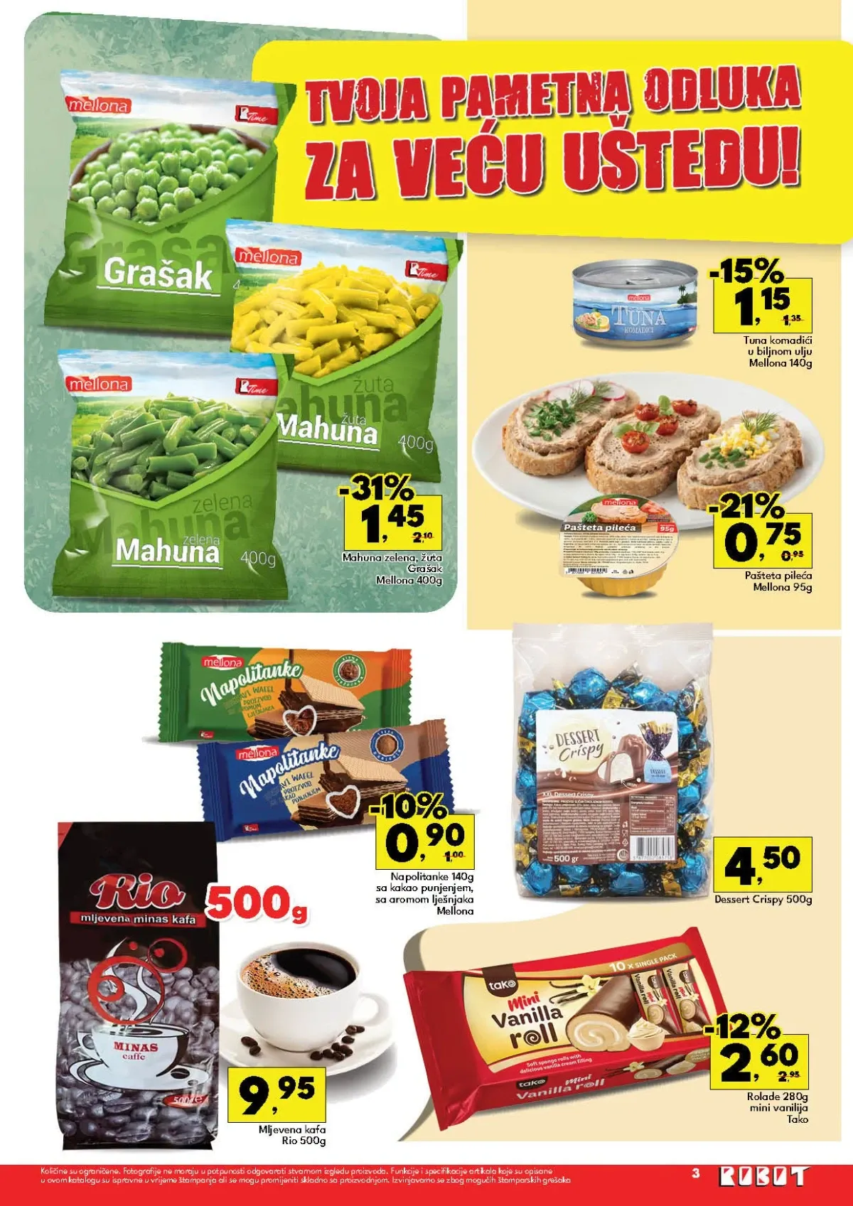 Treća stranica Robot kataloga – mahune, grašak, tuna, paštete, kafa, napolitanke i rolade na sniženju