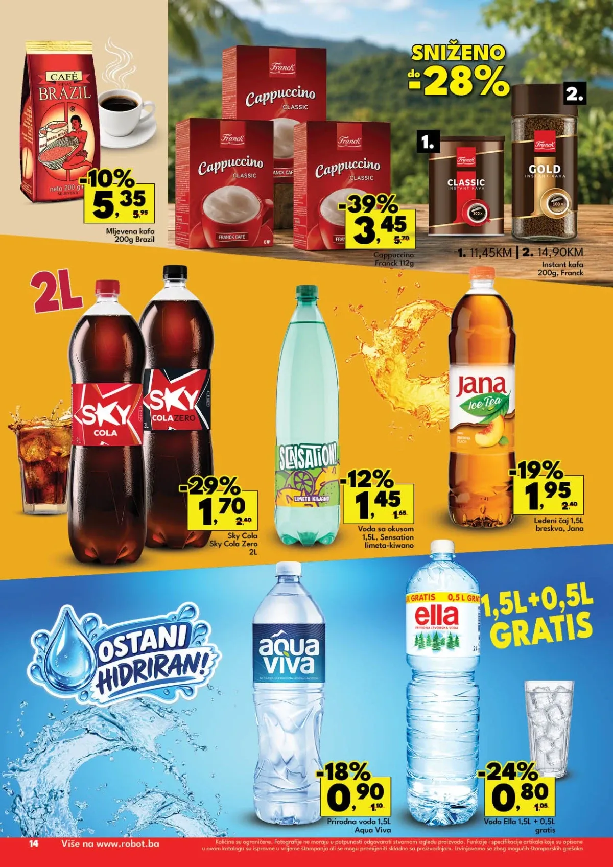Četrnaesta stranica Robot kataloga – kafa, cappuccino, Sky Cola, Sensation, Jana, Aqua Viva i Ella voda na akciji