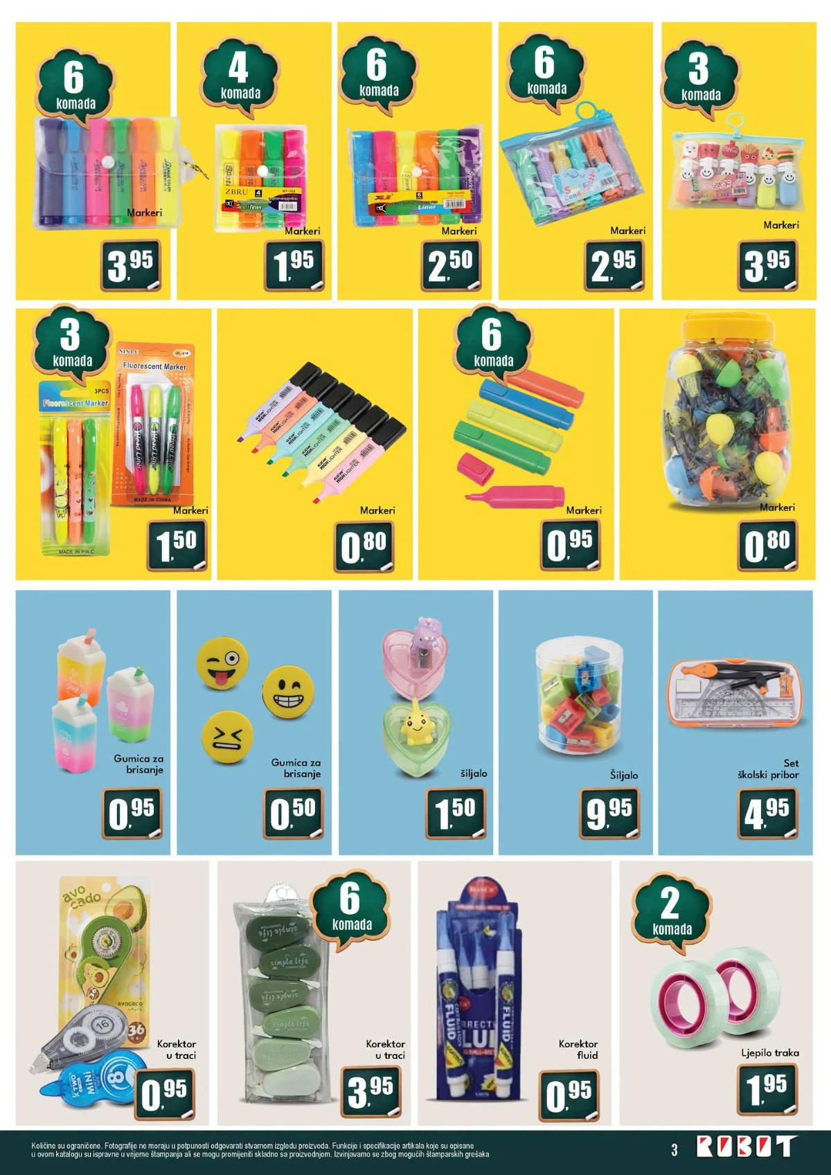 Robot katalog strana 3 – markeri, gumice, šiljala, korektori, školski pribor i ljepljiva traka