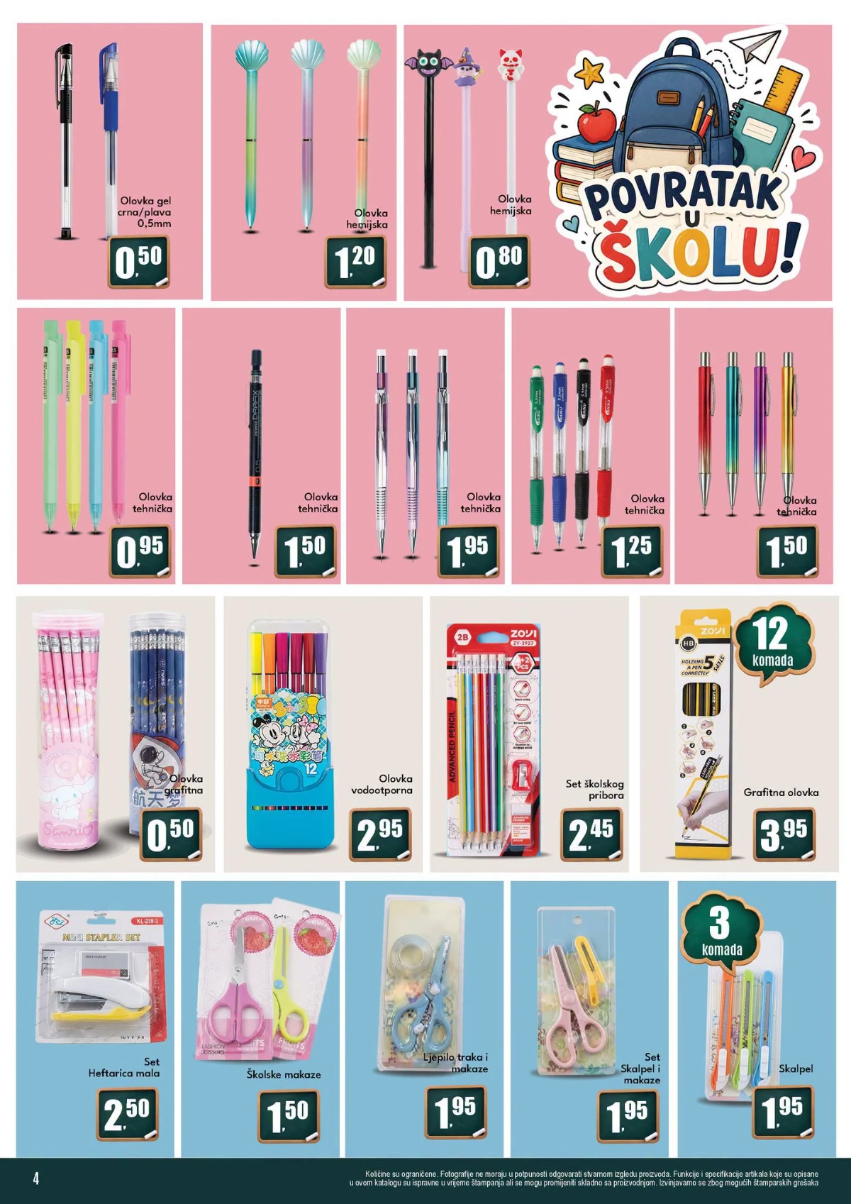 Robot katalog strana 4 – hemijske i tehničke olovke, grafitne olovke, makaze, skalpeli i setovi školskog pribora