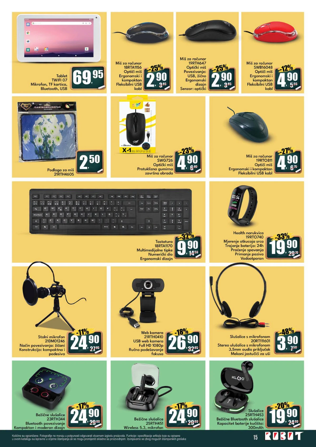 Robot katalog strana 15 – tablet, računarski miševi, tastatura, pametna narukvica, mikrofon, web kamera i slušalice