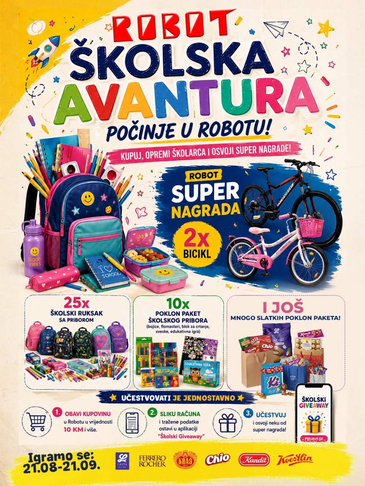 ROBOT Školska avantura – nagradna igra do 21.09.2026. uz bicikle, školske ruksake, školski pribor i poklon pakete