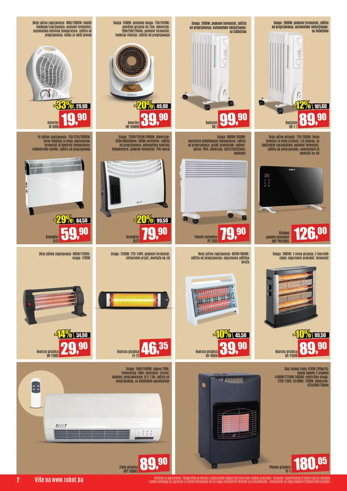 Robot katalog, stranica 2 – kalorifer IR-6006 19,90 KM, konvektor DL01 59,90 KM, radijatori i kvarcne grijalice