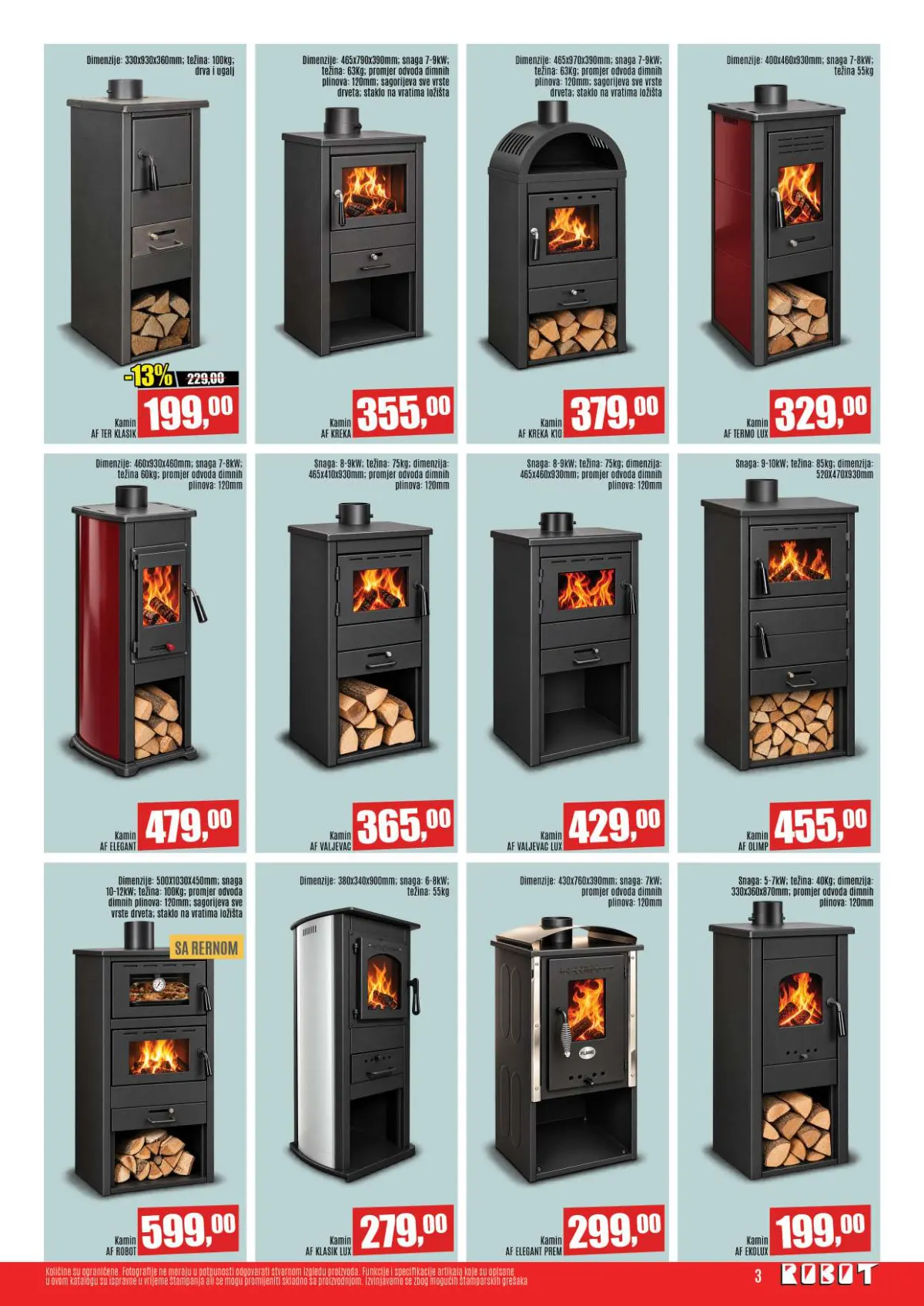 Robot katalog, stranica 3 – kamin AFTER KLASIK 199,00 KM, kamin AF KLASIK LUX 279,00 KM i drugi modeli kamina