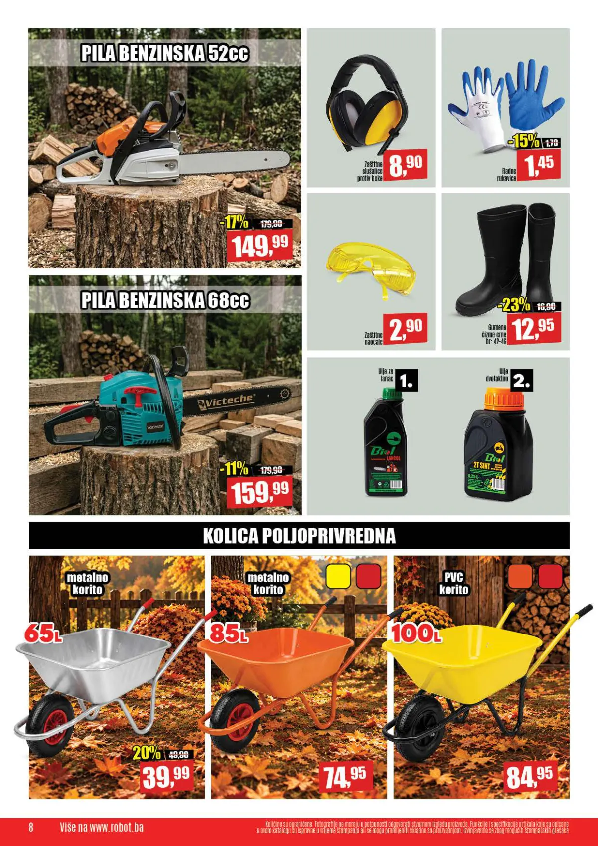 Robot katalog, stranica 8 – benzinska pila 52 cc 149,99 KM, poljoprivredna kolica 65 l 39,99 KM i zaštitna oprema