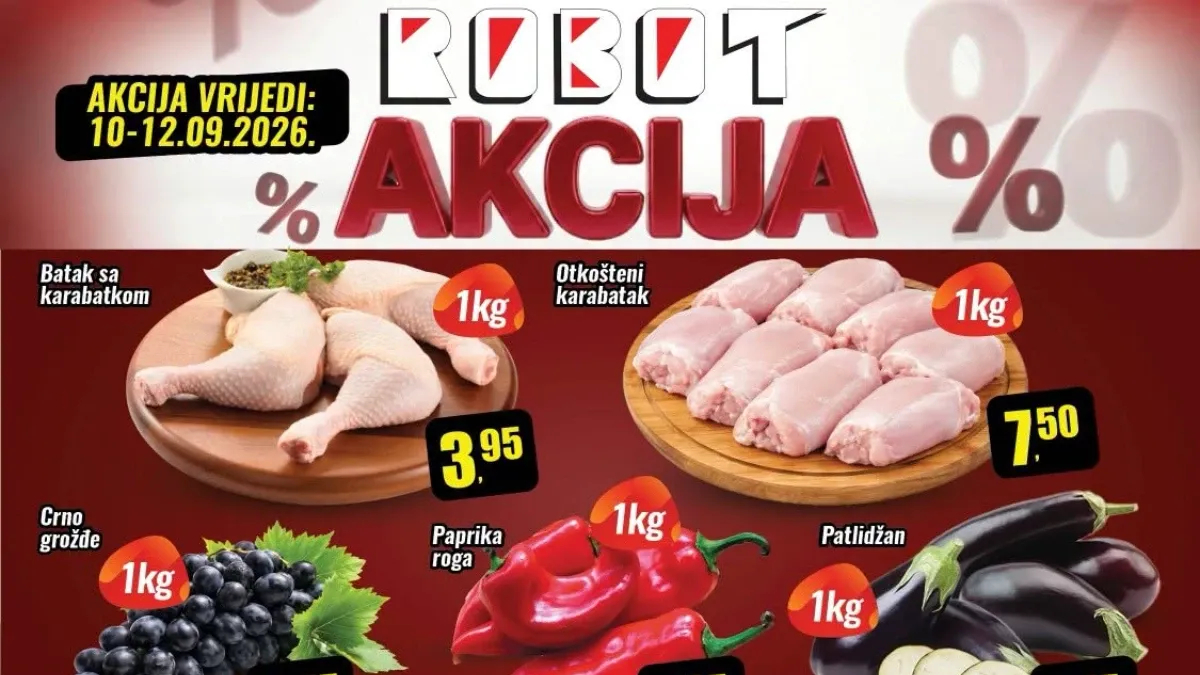 ROBOT vikend akcija od 10.09. do 12.09.2026. – meso, voće, povrće, prehrana i kućne potrepštine sniženi do 51%