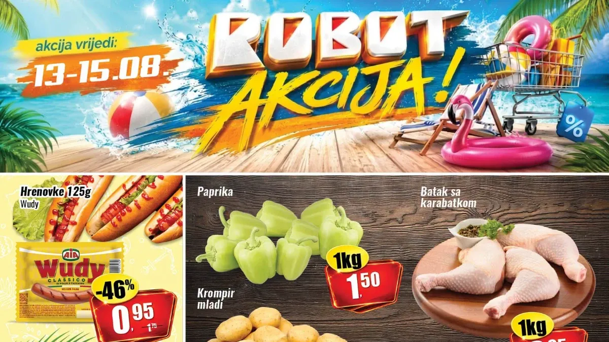 Robot vikend akcija do 15.08.2026. – popusti do 46% na prehranu, meso, voće, povrće, slatkiše i ljetni program