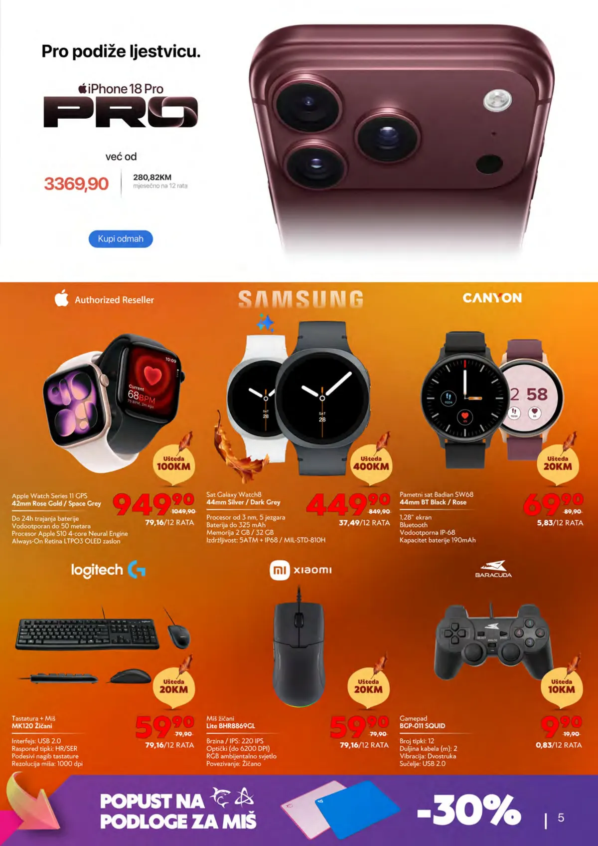 Tehnomag katalog stranica 5 – iPhone Pro, Apple Watch, Samsung satovi, Logitech, Xiaomi i gaming oprema
