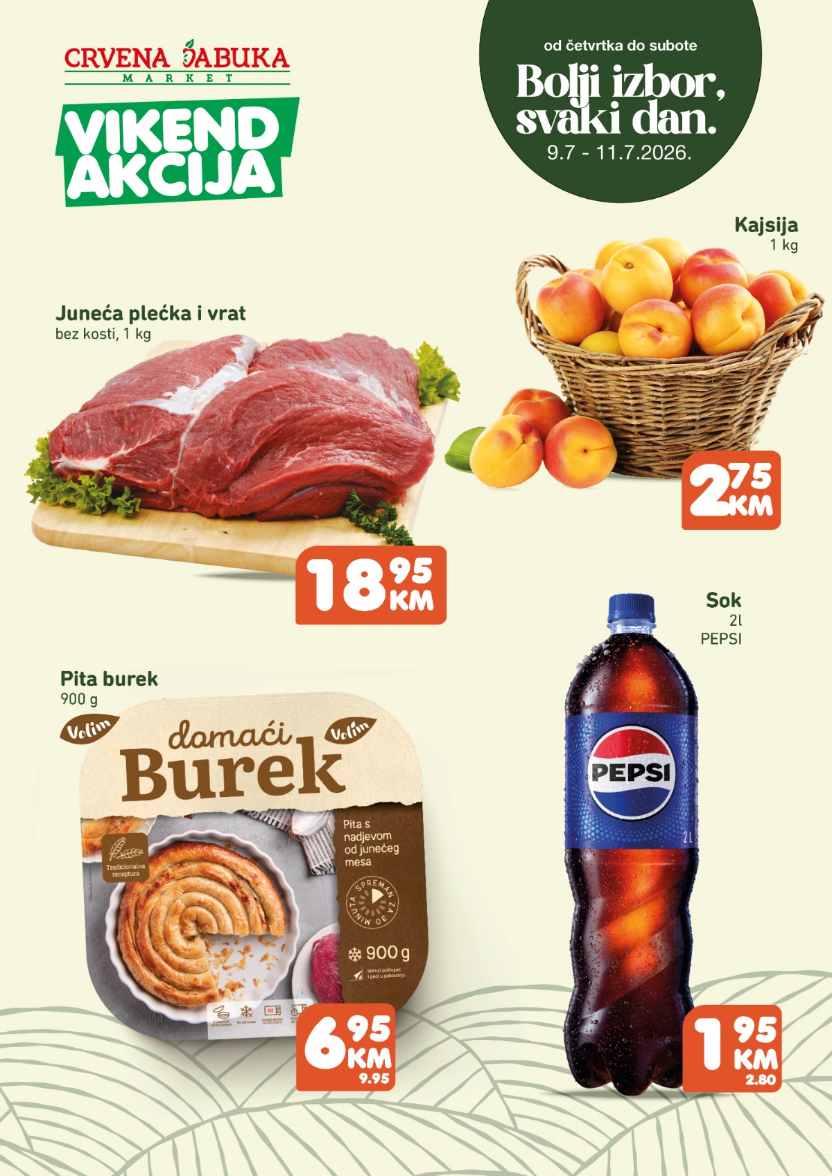 Crvena Jabuka Market vikend akcija od 09. do 11.07.2026. – meso, voće, pića i proizvodi za svakodnevnu kupovinu po sniženim cijenama