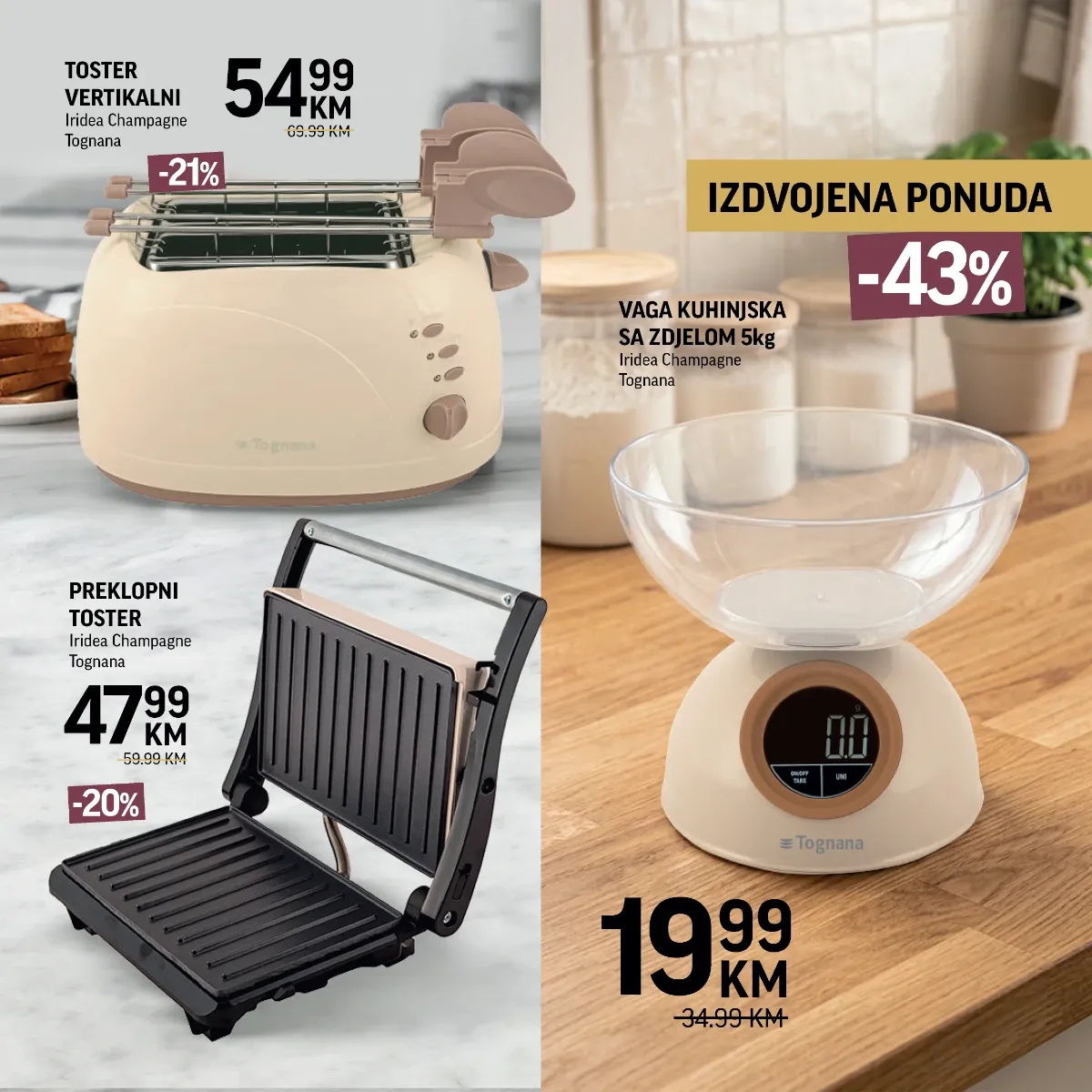 Tropic Tognana akcija – vertikalni toster 54,99 KM, preklopni toster 47,99 KM i kuhinjska vaga 19,99 KM