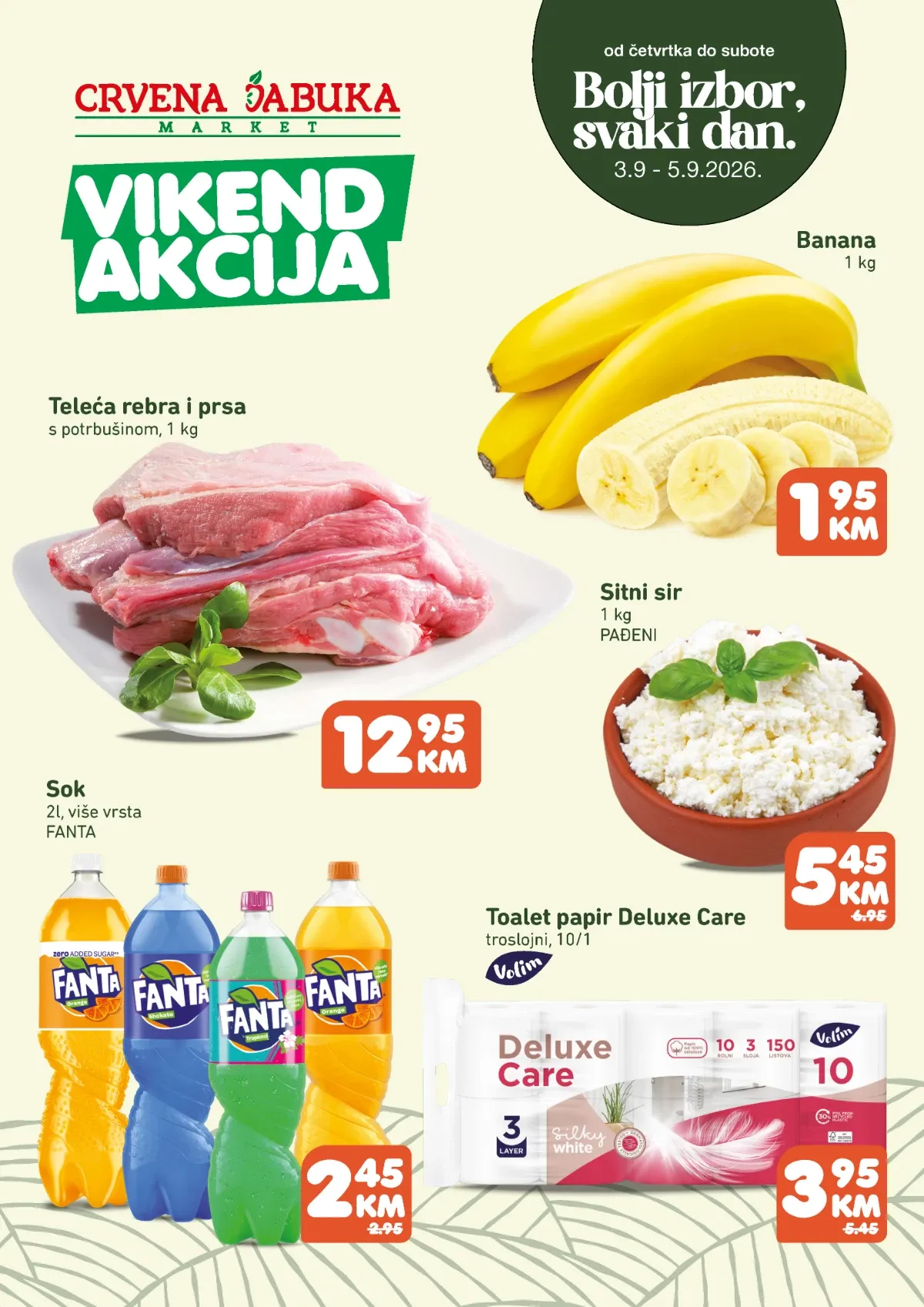 Crvena Jabuka vikend akcija od 03. do 05.09.2026. donosi snižene cijene mesa, voća, sira, pića i proizvoda za domaćinstvo