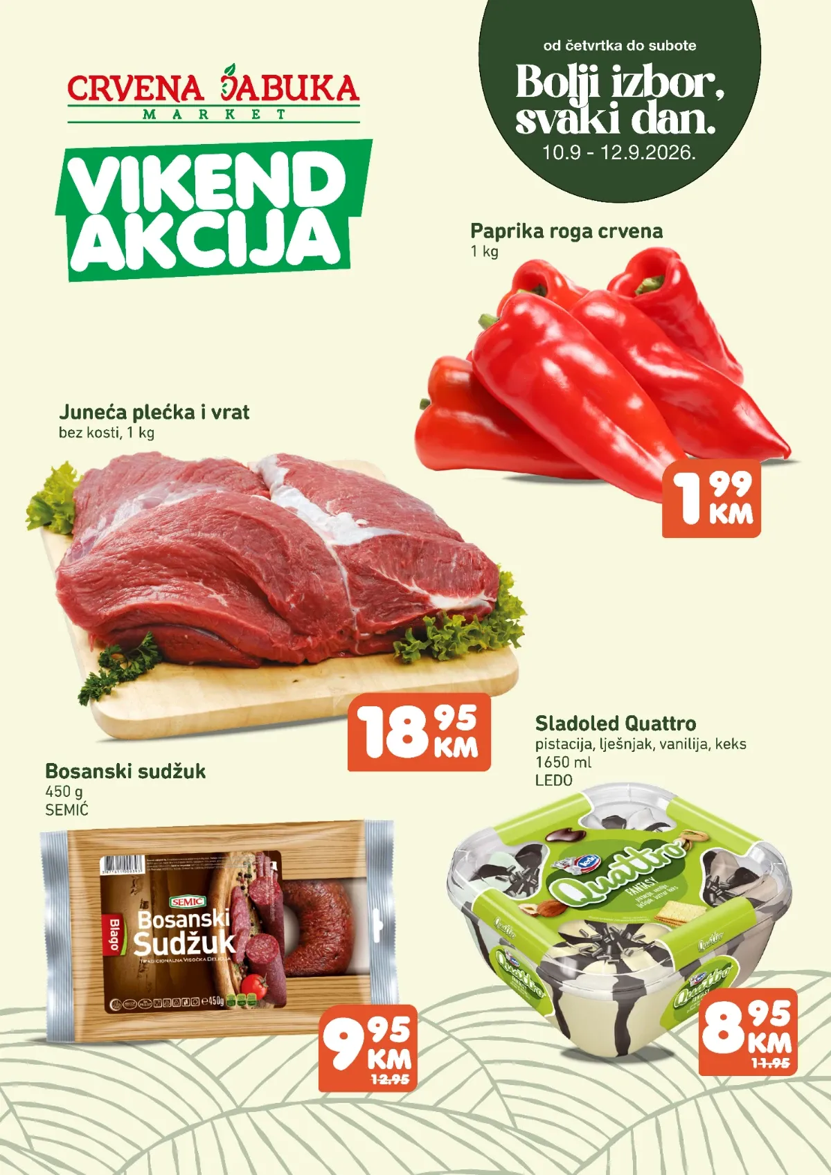 Crvena jabuka vikend akcija od 10. do 12.09.2026. – junetina, paprika, sudžuk i sladoled po sniženim cijenama