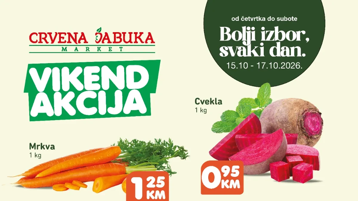 Crvena jabuka vikend akcija 15–17.10.2026. – akcijske cijene povrća, pilećeg filea, goveđeg pršuta i toalet papira
