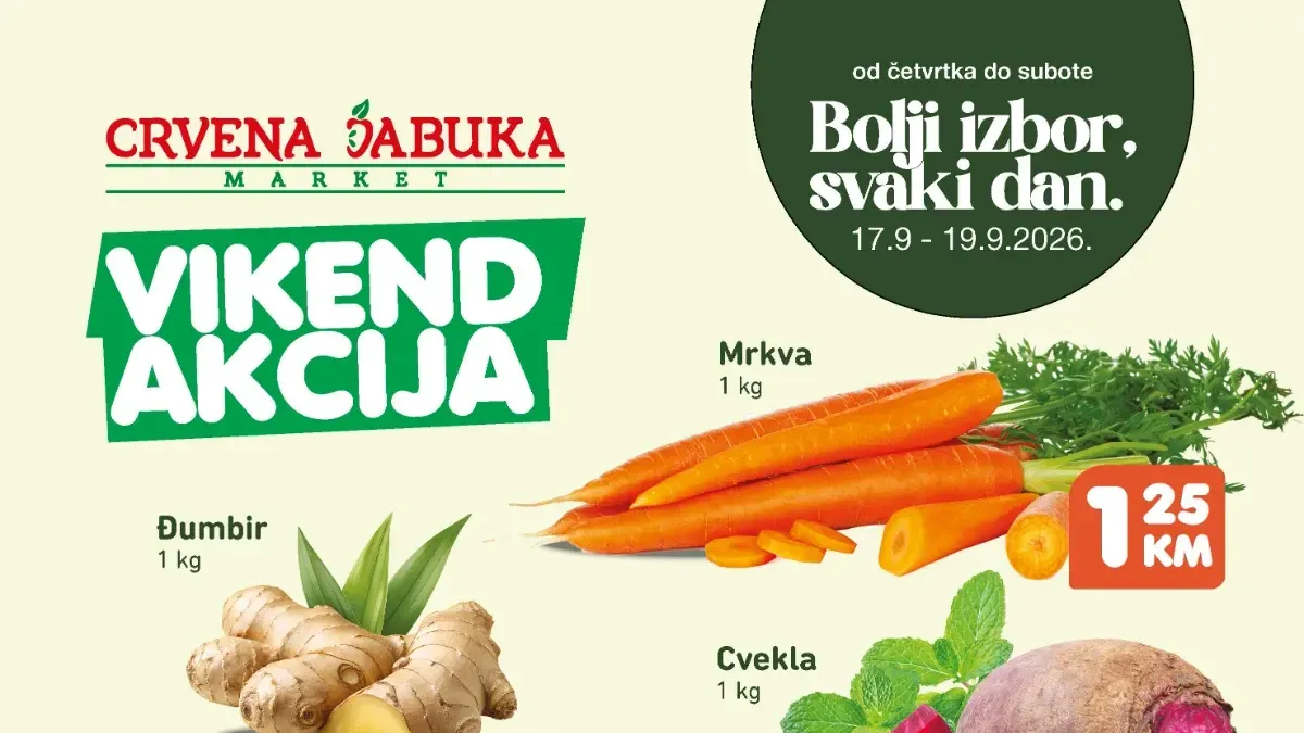 Crvena jabuka vikend akcija od 17. do 19.09.2026. – mrkva, cvekla, đumbir, teleća rebra, sir i Tuborg pivo po sniženim cijenama