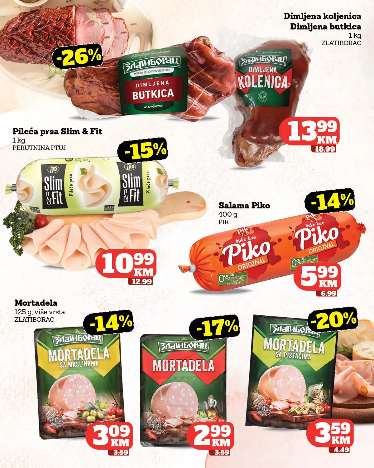 Moj Market katalog strana 5 – dimljena koljenica, pileća prsa, salame i mortadela