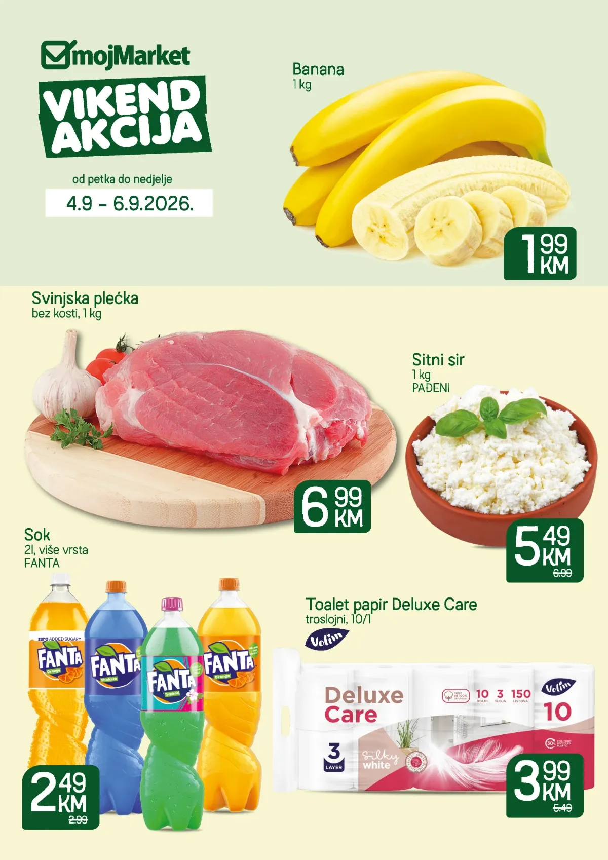 MojMarket vikend akcija od 04.09. do 06.09.2026. – banane, svinjska plećka, sitni sir, Fanta i toalet papir po akcijskim cijenama