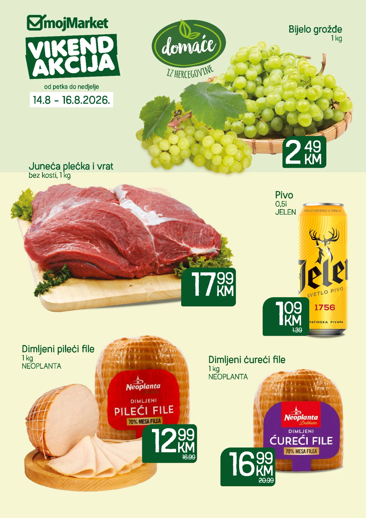 Moj Market vikend akcija od 14.08. do 16.08.2026. – bijelo grožđe, juneća plećka i vrat, Jelen pivo, dimljeni pileći i ćureći file