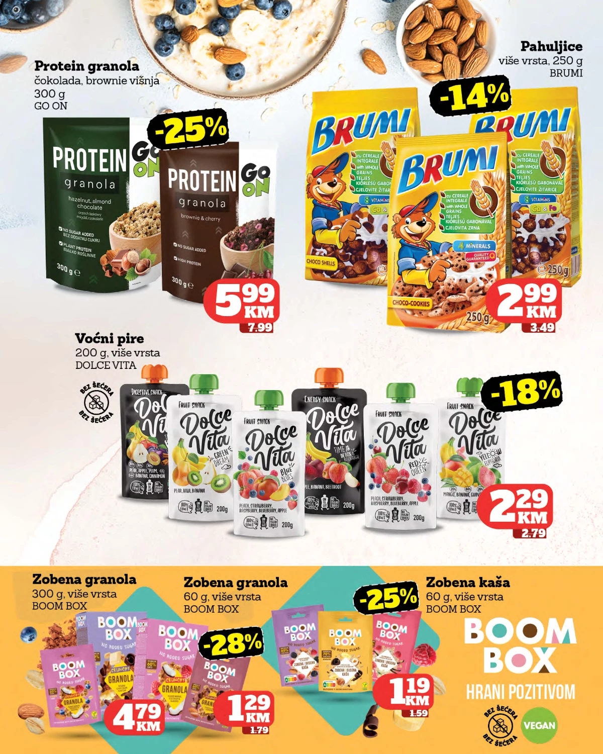 Tropic katalog strana 18 – proteinska granola, pahuljice, voćni pire i zobene kaše