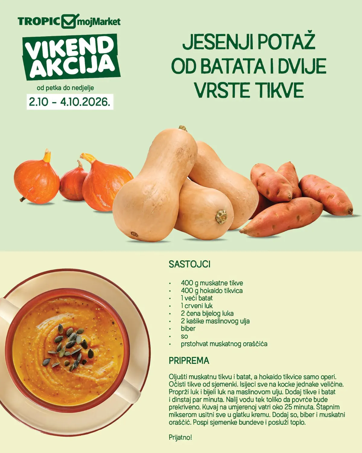 Tropic i mojMarket vikend akcija 02–04.10.2026. – recept za jesenski potaž od batata, muškatne i hokaido tikve